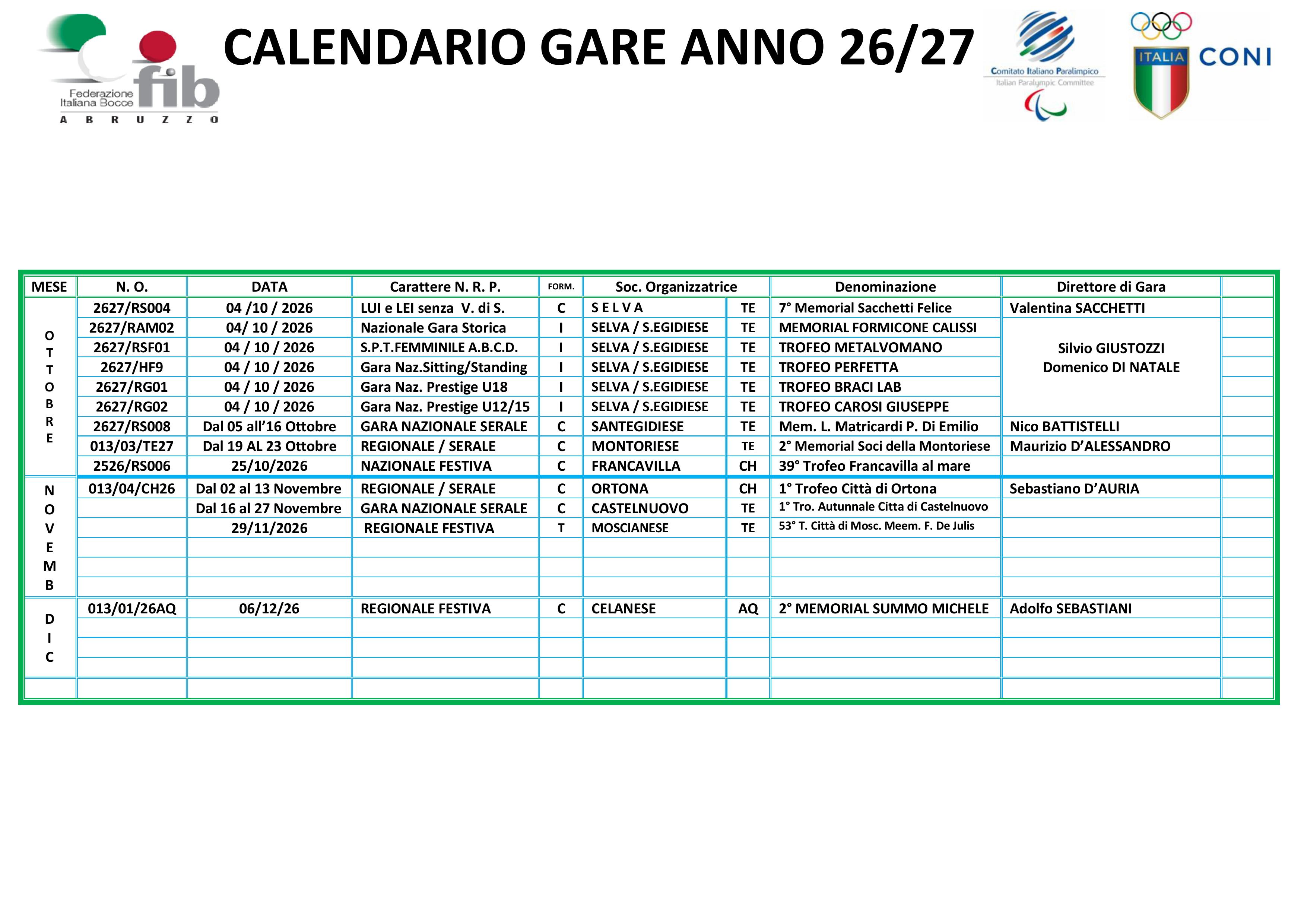 CALENDARIO GARE 26 27