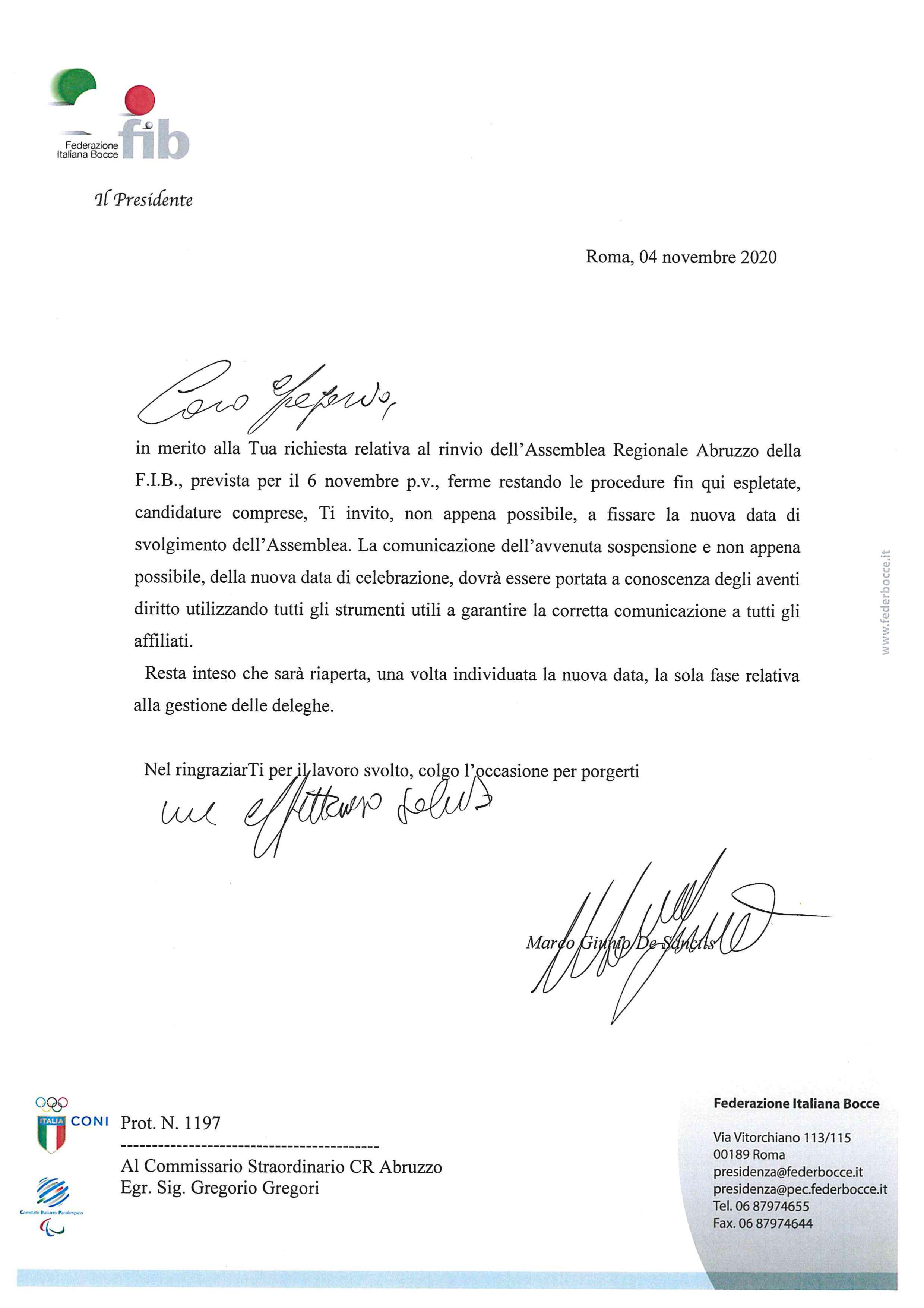Lettera Presidente De Sanctis sospensione Assemblea
