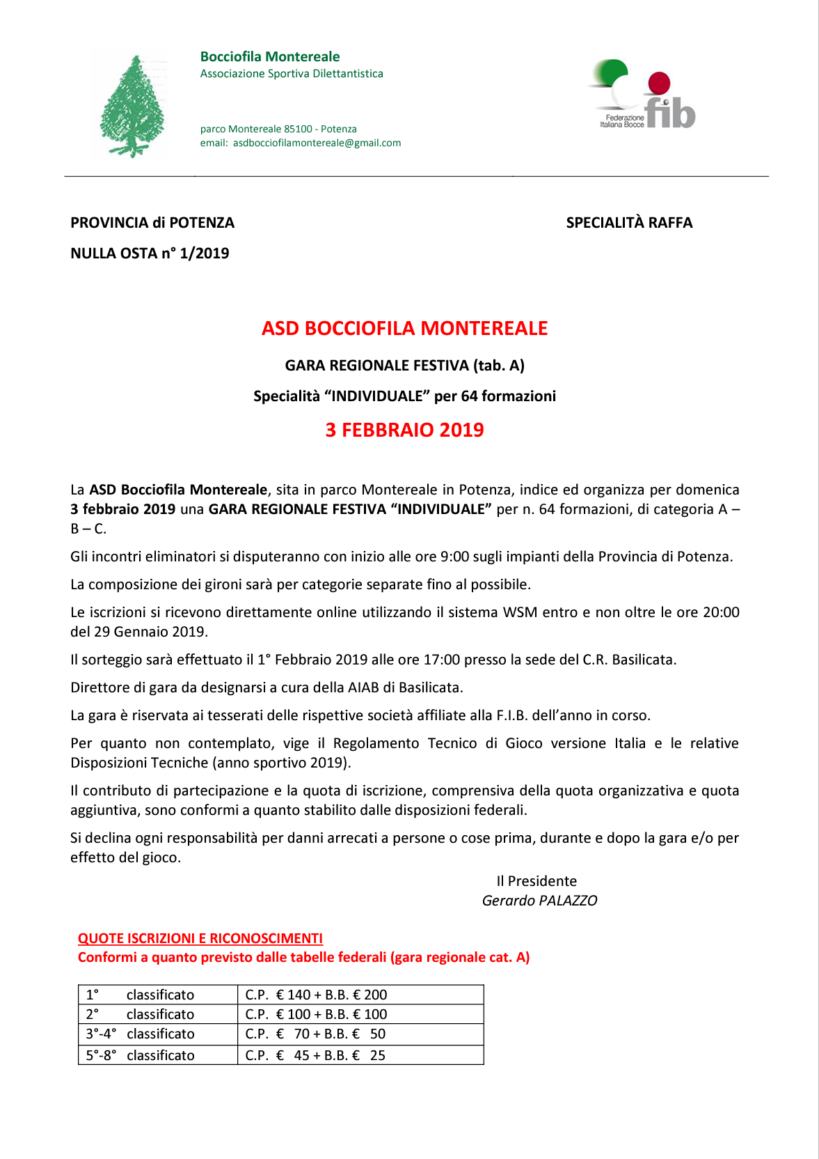 Manifesto Gara Individuale 3 febbraio 2019