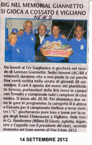 MEMORIAL GIANNETTO SI GIOCA A COSSATO E VIGLIANO