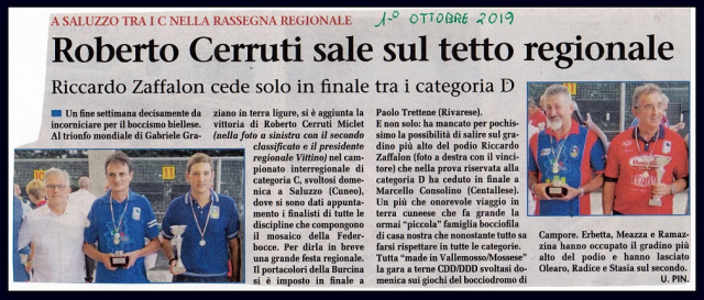 ROBERTO CERRUTI SALE SUL TETTO REGIONALE