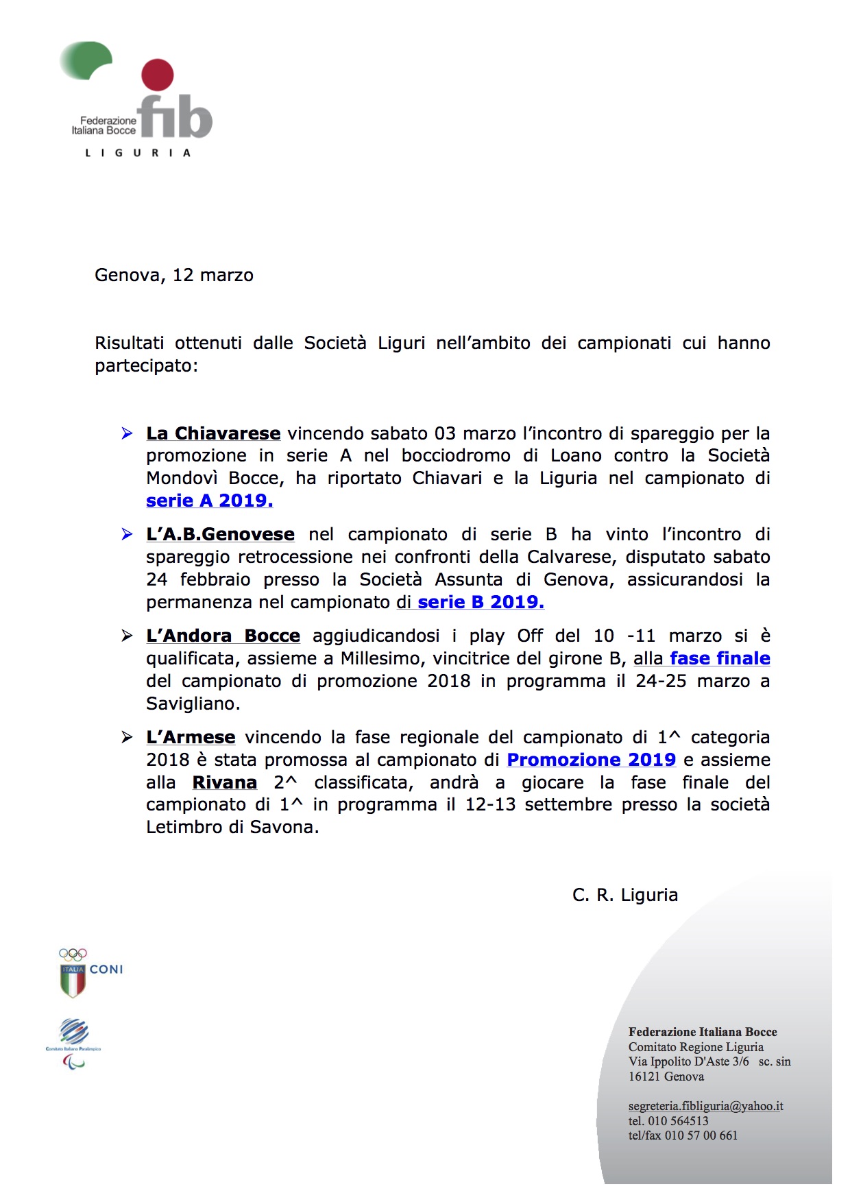 03 14 marzo Volo risultati campionati vari
