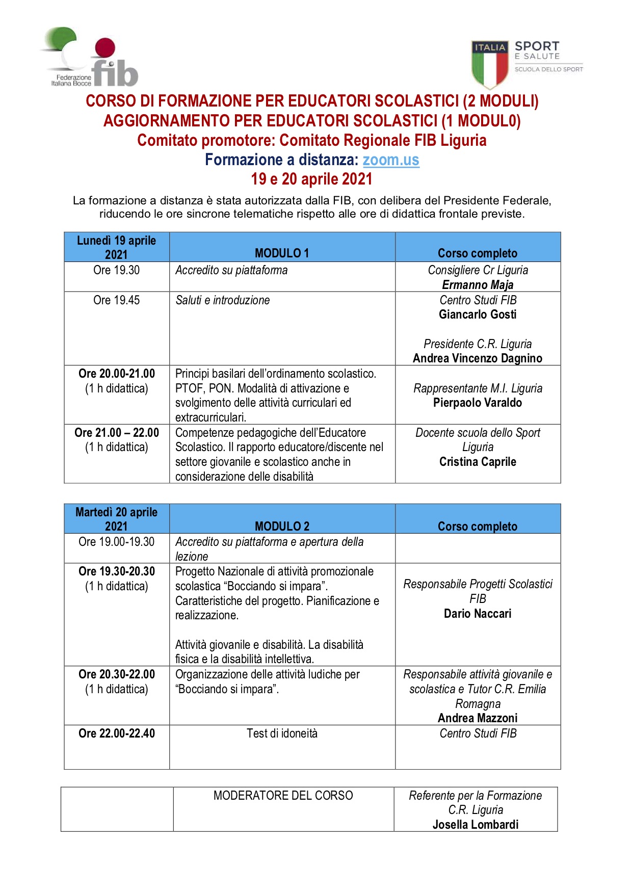 2021 04 08 aprile Programma Corso Educatori sportivi e aggiormento Liguria