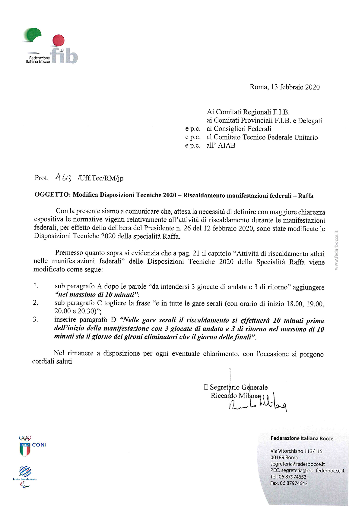 Modifica Disposizione Tecniche 2020 Riscaldamento manifestazioni federali Raffa 2