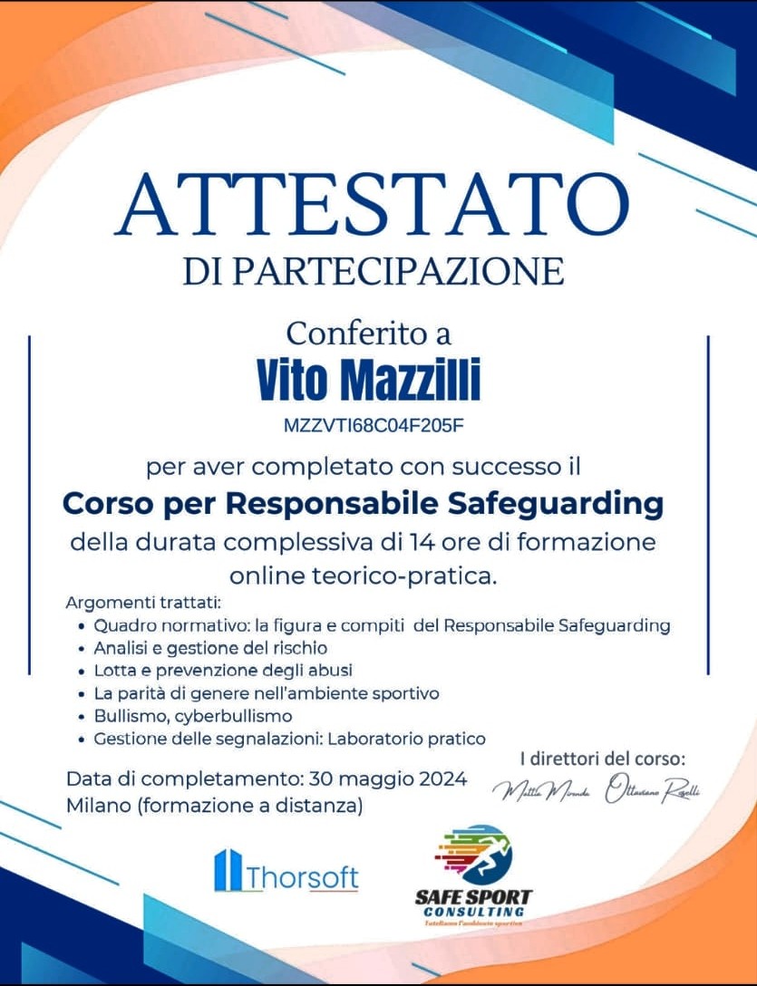 202506 11 SAFEGUARDING Attestato a Vito Mazzilli