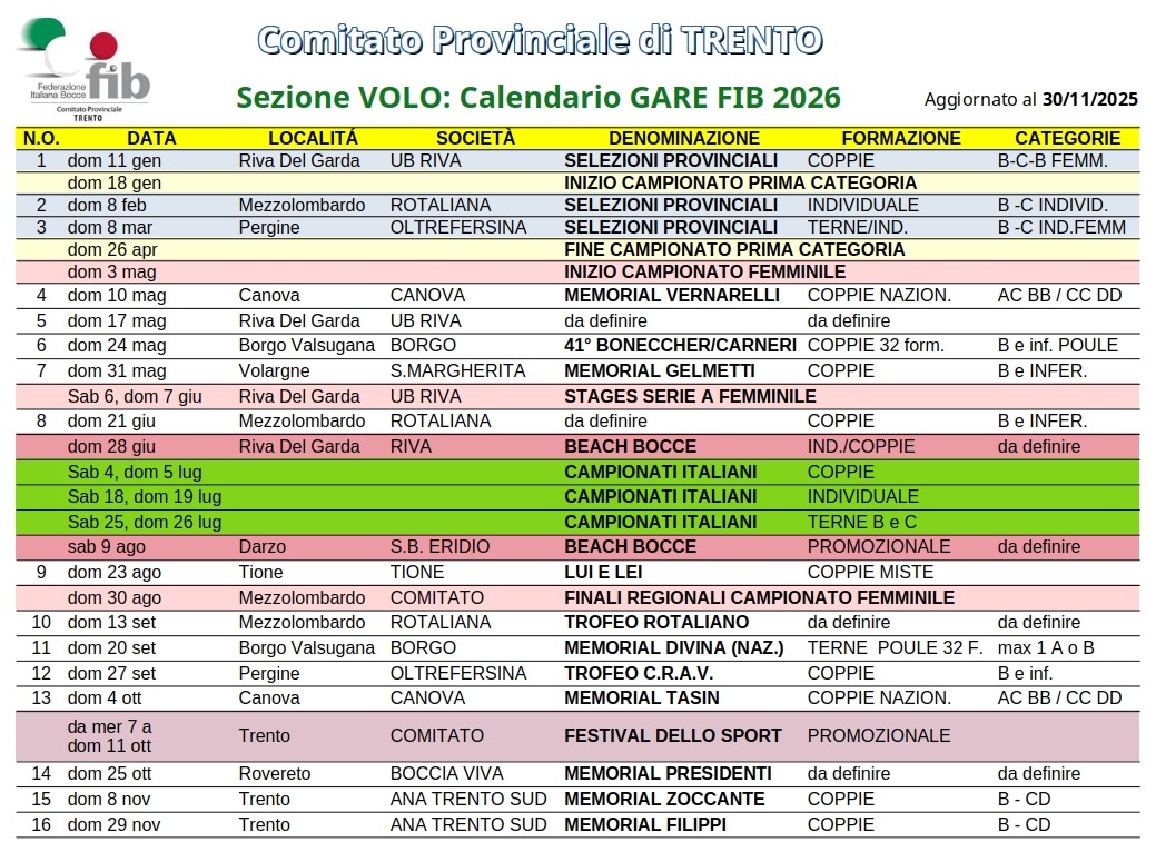 Volo Calendario Gare 2025