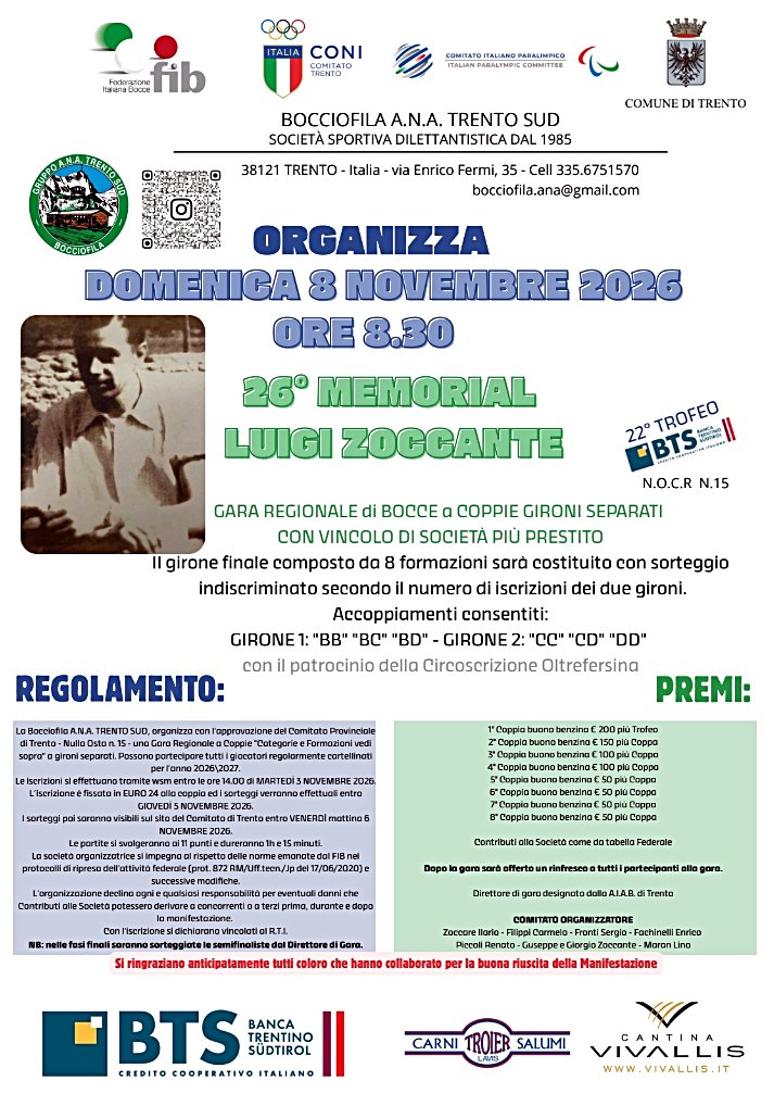 202611 08 26 Memorial LUIGI ZOCCANTE Bocciofila ANA TRENTO SUD MANIFESTO