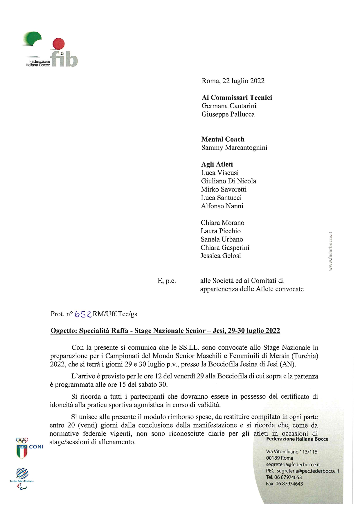 Convocazione stage nazionale senior raffa jesi 29 30 luglio 1