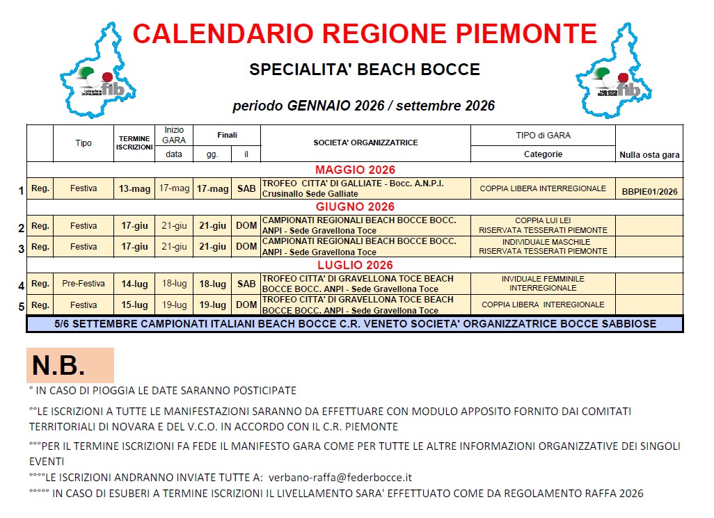 calendario BEACH BOCCE PIEMONTE al 1 aprile